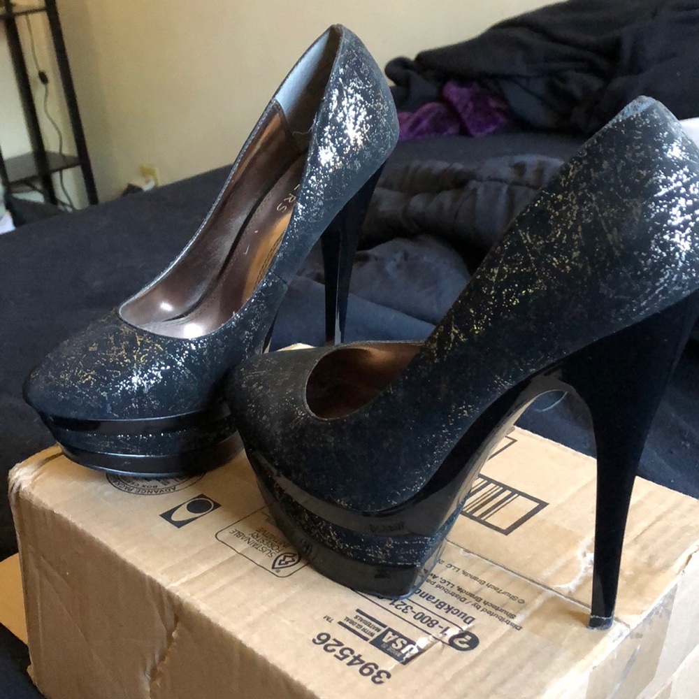 8.5 Stilettos Black suede with gold flecks